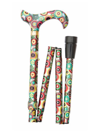 Fashion Folding Derby Walking Stick, Red &amp; Green Circles