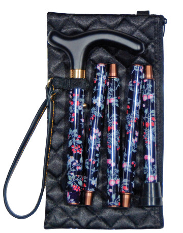 Folding Petite Handbag Cane with Quilted Wallet, Black Floral